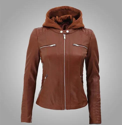 Women Skinny Style Brown Cafe Racer Genuine Leather Jacket