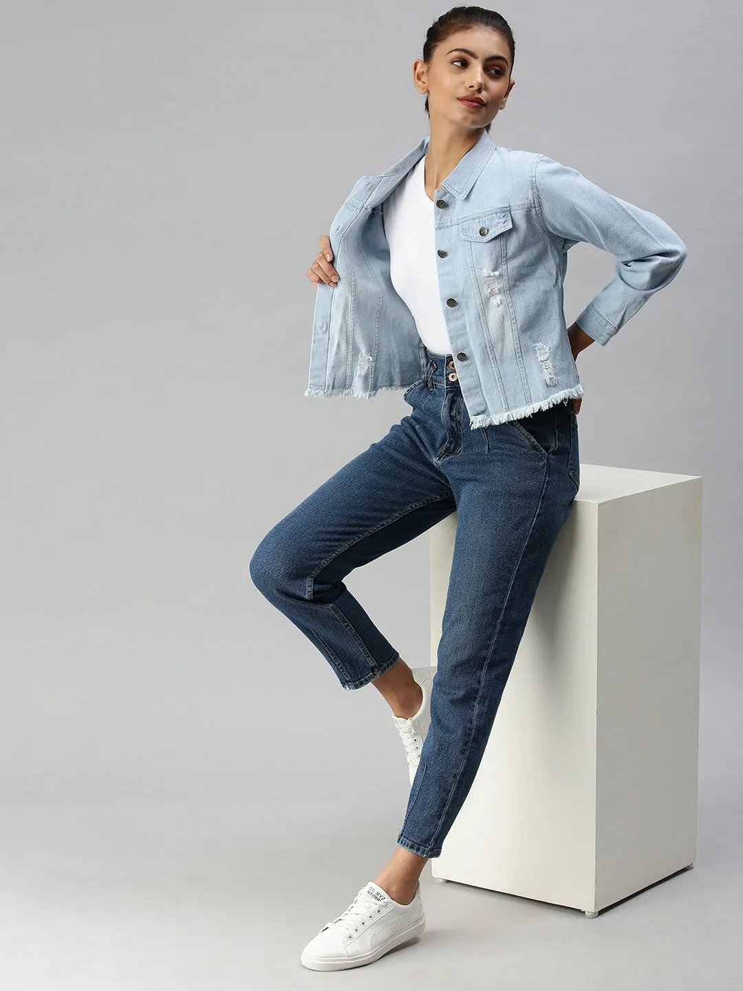 Women Spread Collar Solid Blue Denim Jacket