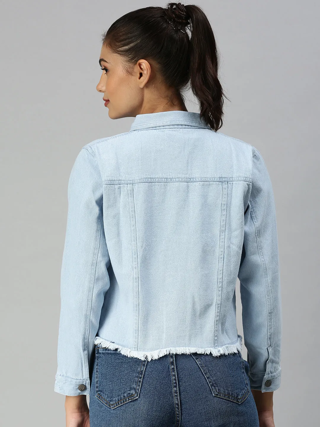 Women Spread Collar Solid Blue Denim Jacket