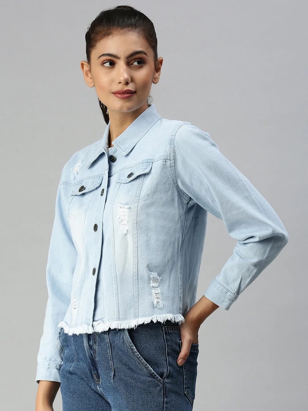 Women Spread Collar Solid Blue Denim Jacket