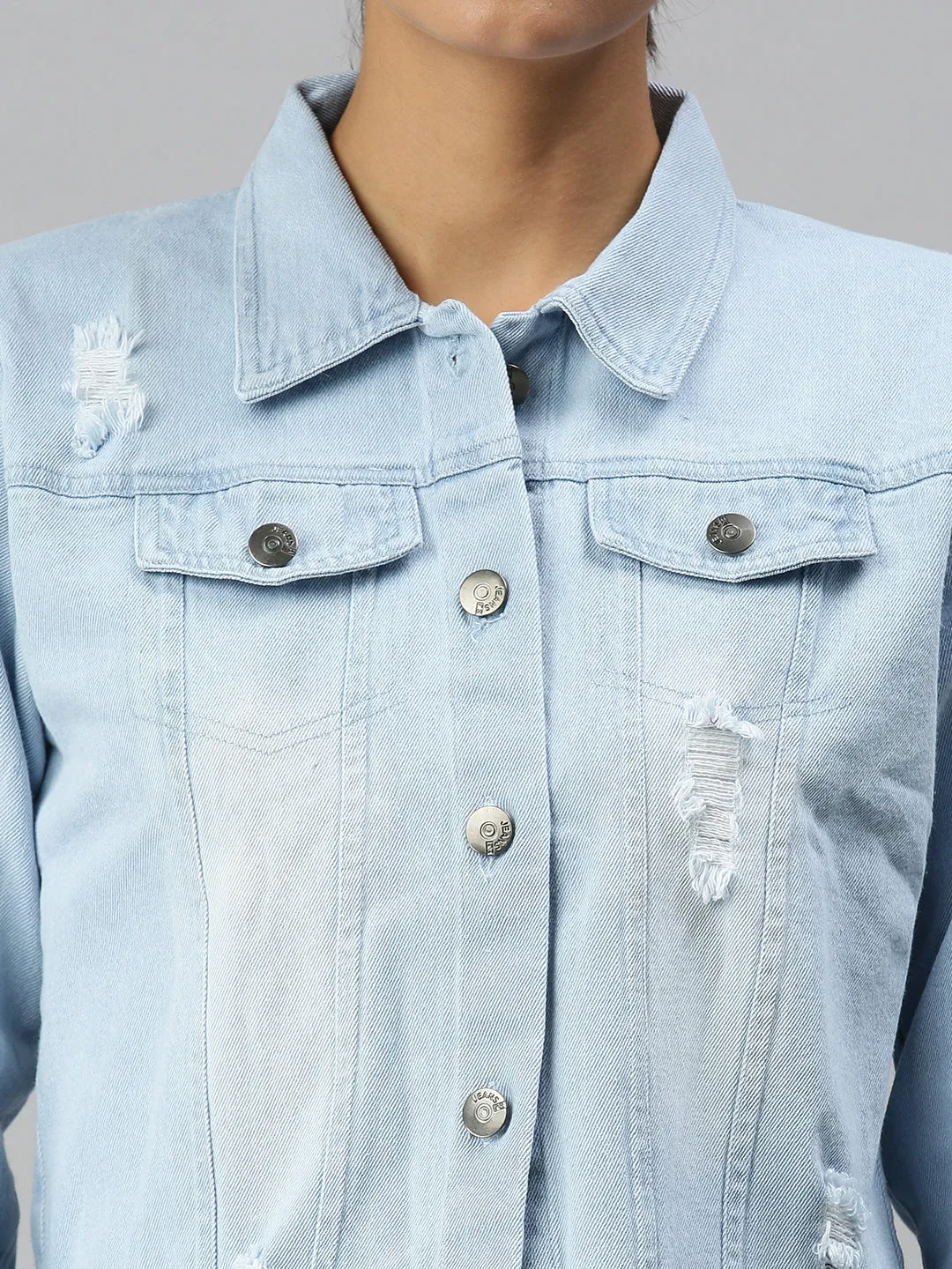 Women Spread Collar Solid Blue Denim Jacket