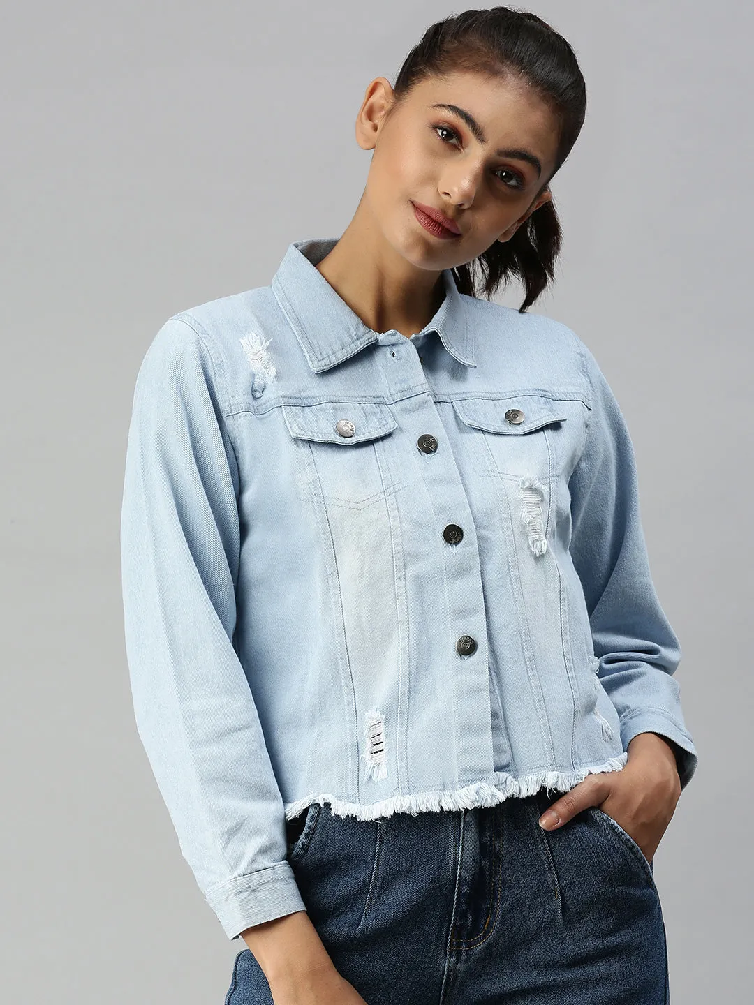 Women Spread Collar Solid Blue Denim Jacket