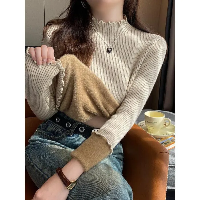 Women's Autumn And Winter Fleece-lined Mock Neck Sweater Knitwear Top