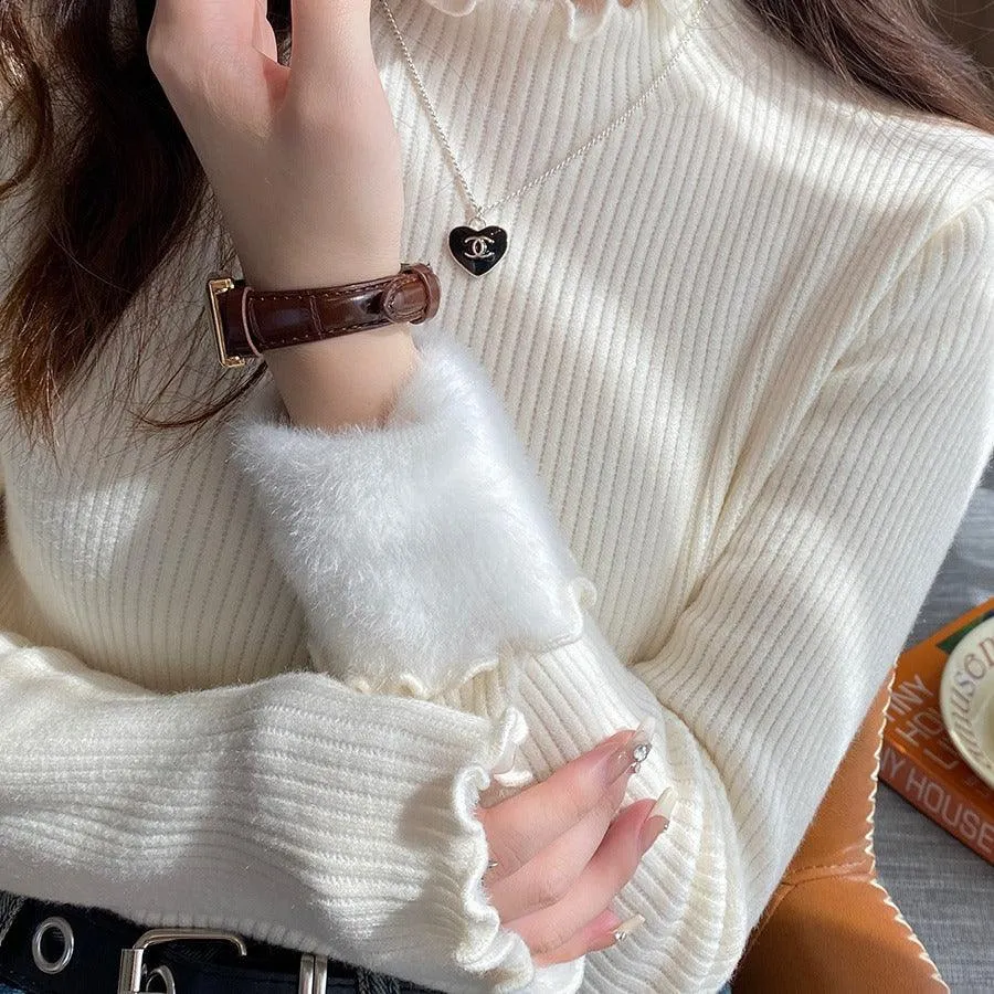 Women's Autumn And Winter Fleece-lined Mock Neck Sweater Knitwear Top