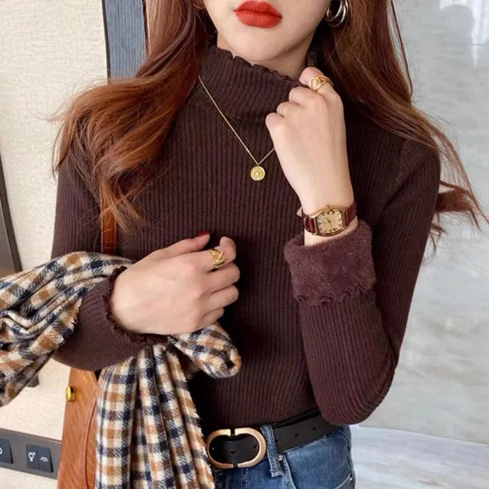 Women's Autumn And Winter Fleece-lined Mock Neck Sweater Knitwear Top