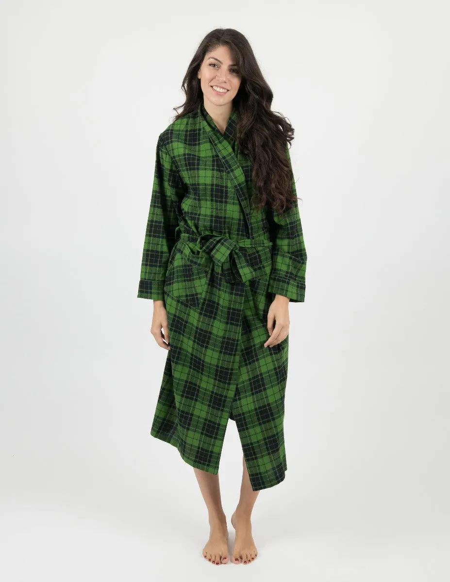 Women's Black & Green Plaid Flannel Robe