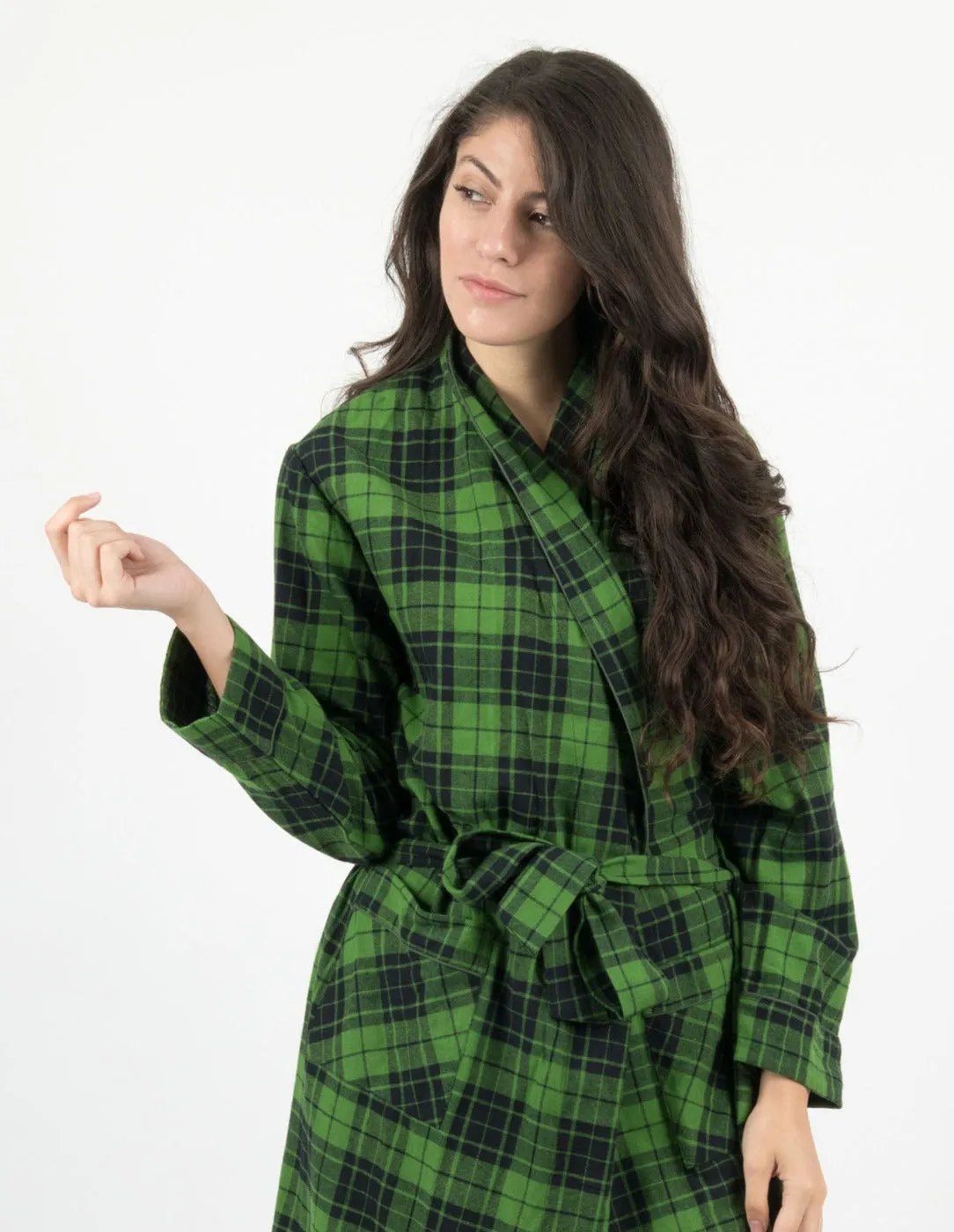 Women's Black & Green Plaid Flannel Robe