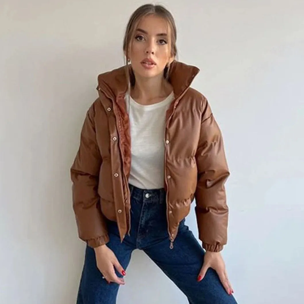 Womens Leather Puffer Jacket in Tan