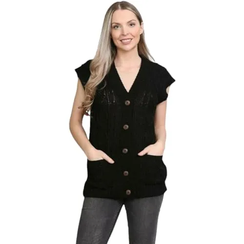 Womens Sleeveless Cable Knitted Grandad 5 Button Cardigan Waistcoat Top