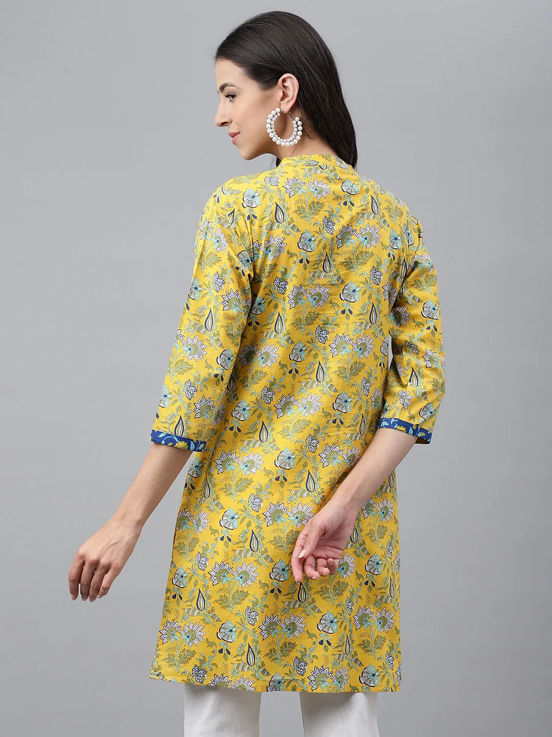 Yellow Cotton Floral Print Empire Tunic Top