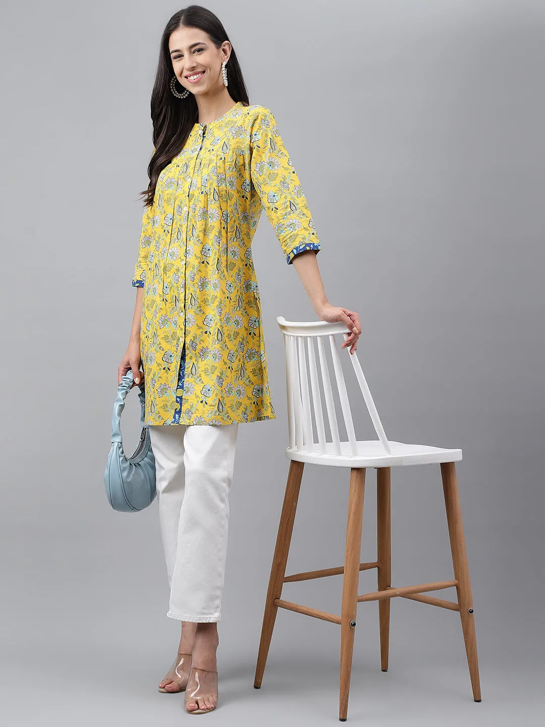 Yellow Cotton Floral Print Empire Tunic Top