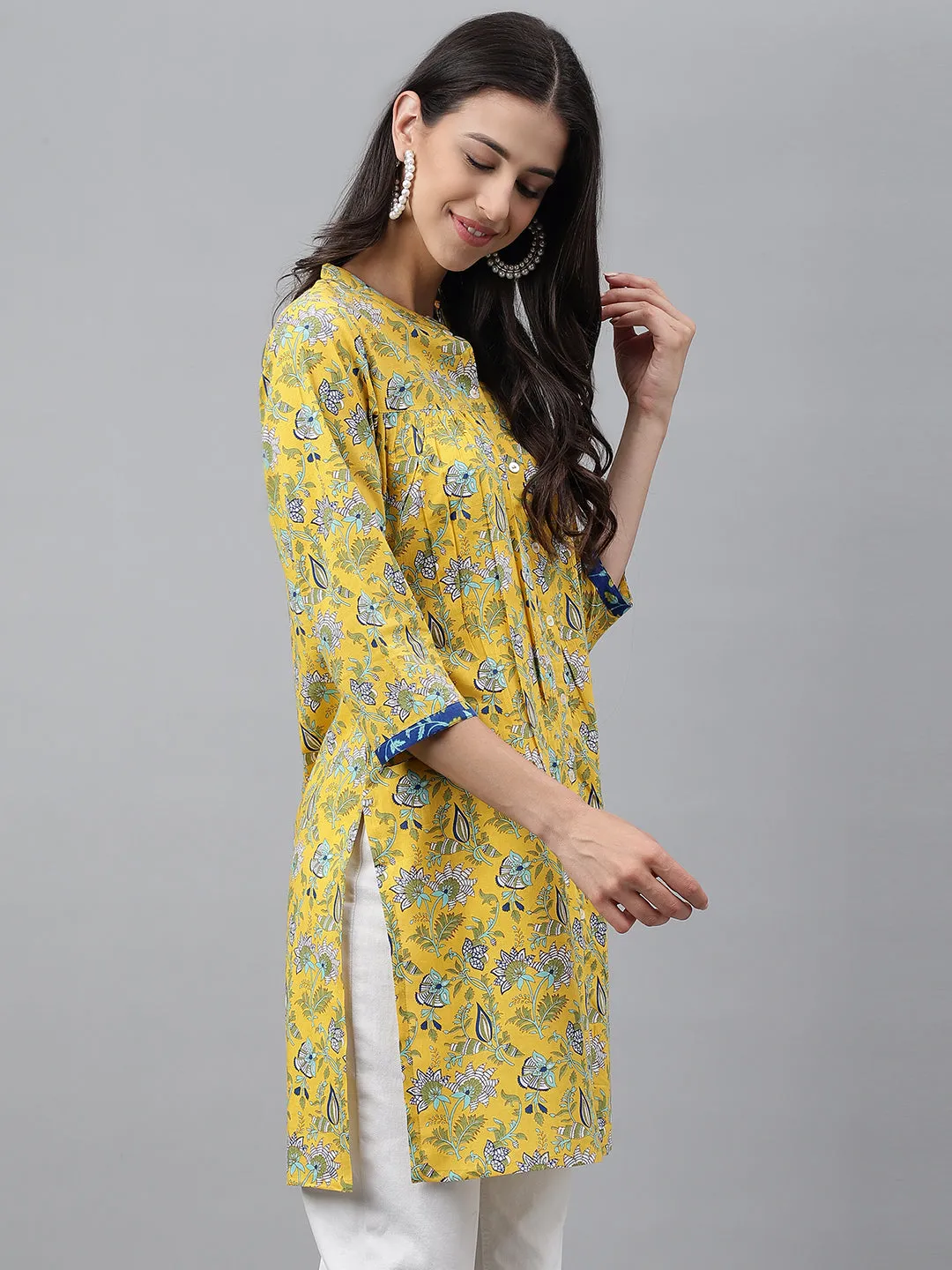 Yellow Cotton Floral Print Empire Tunic Top