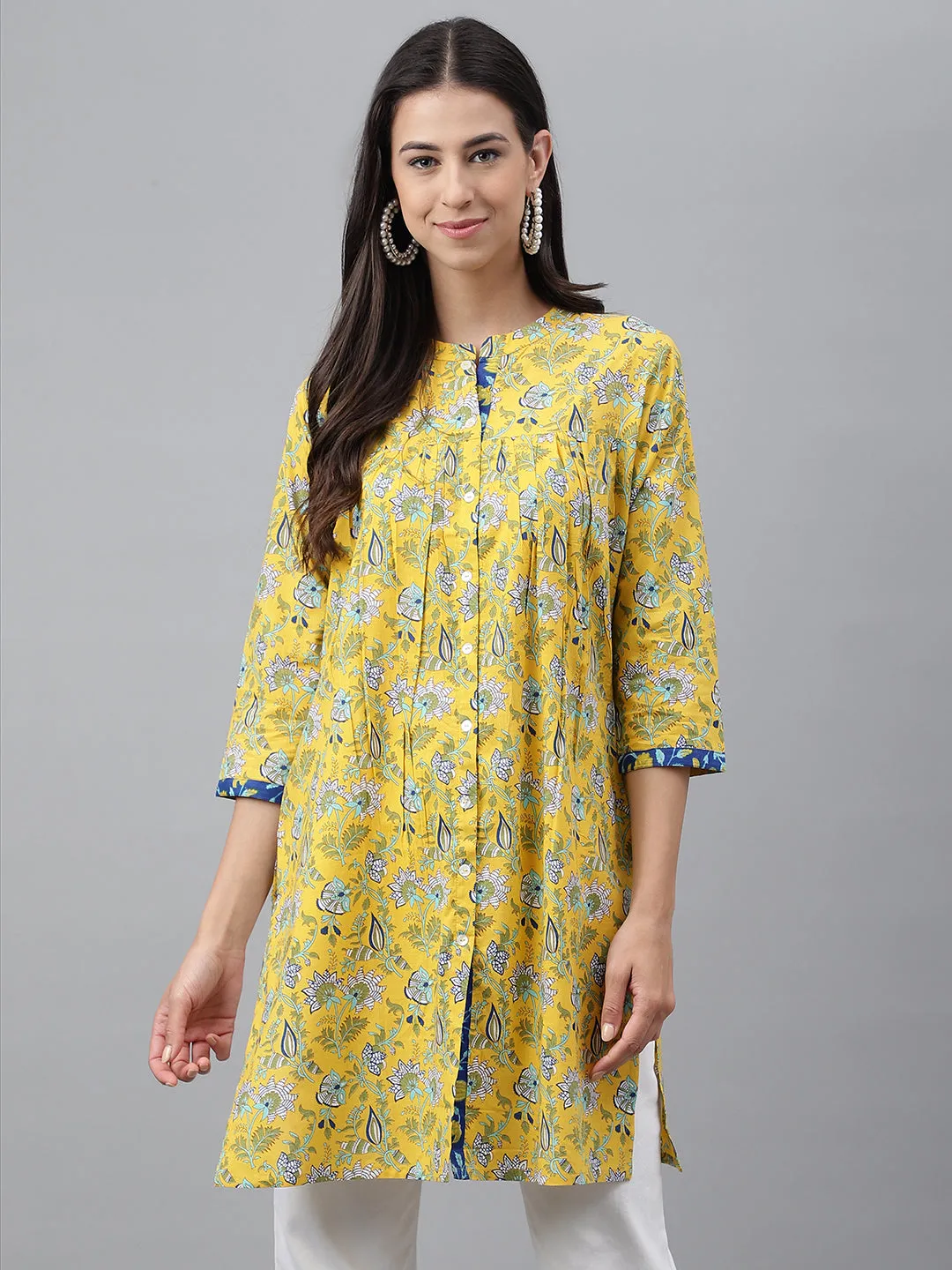 Yellow Cotton Floral Print Empire Tunic Top