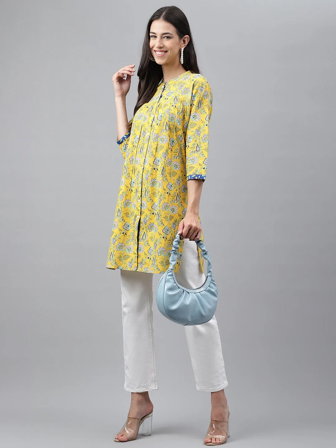 Yellow Cotton Floral Print Empire Tunic Top