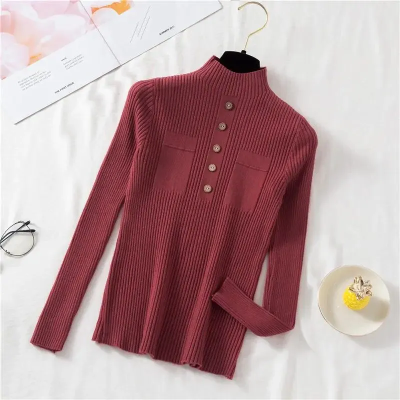 Zoki Pullover Women Sweater Autumn Knitted Button Long Sleeve Half Turtleneck Female Jumper Elastic Korean Fashion Blouse Top S3668389